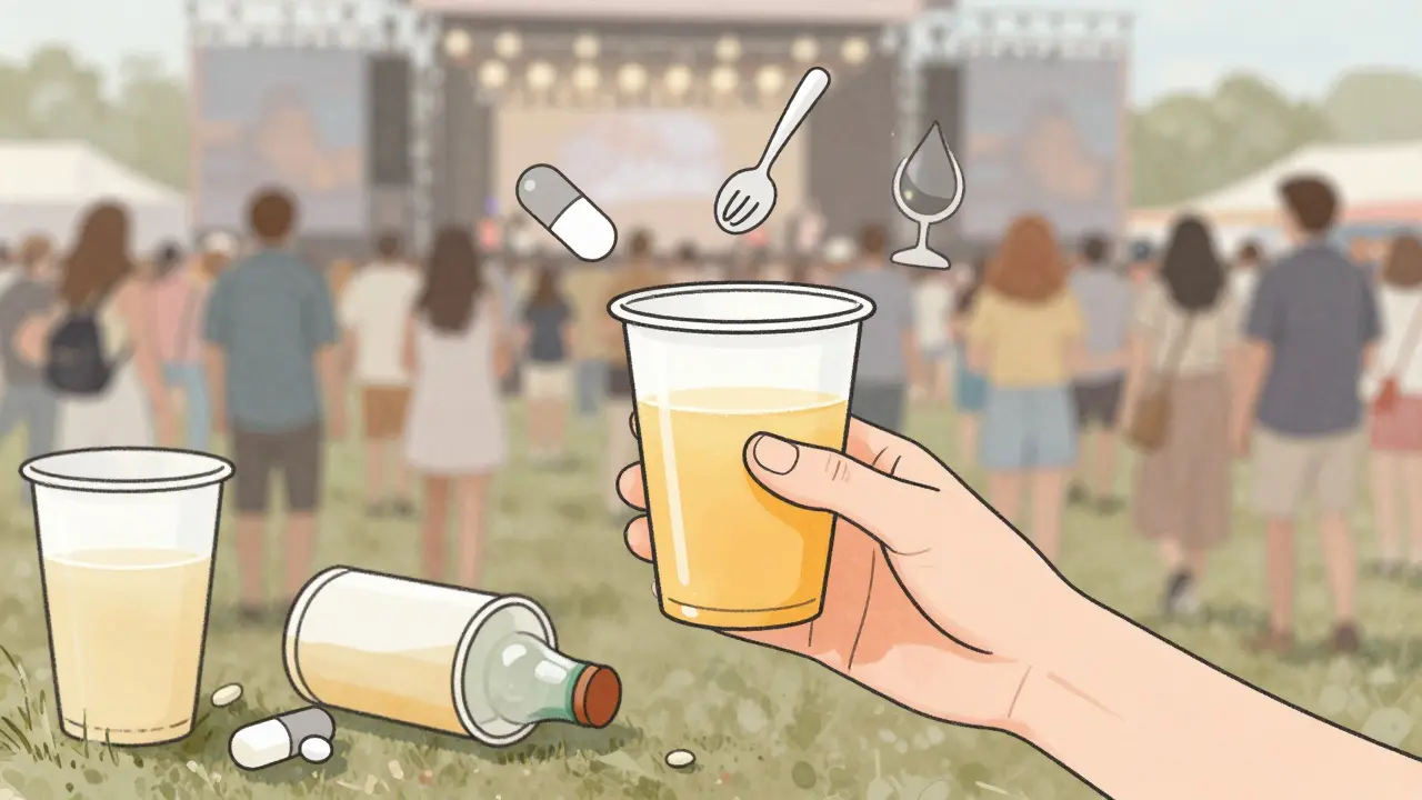 Persona en un concierto sosteniendo un vaso pequeño de 8oz, con íconos de sus usos: medicina, postre y degustación.