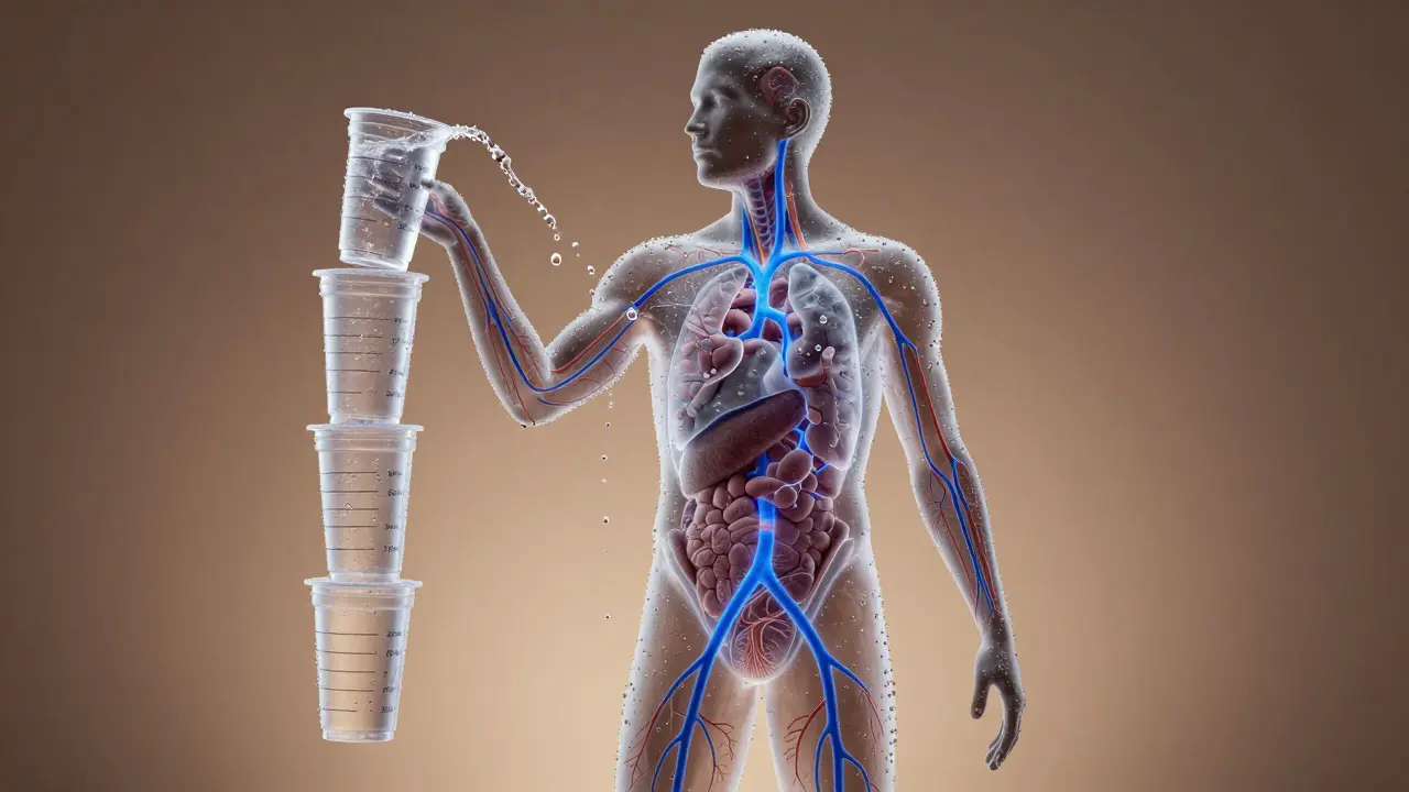Silueta humana con flujo de agua desde vasos de plástico hacia su interior, representación abstracta de la hidratación corporal.