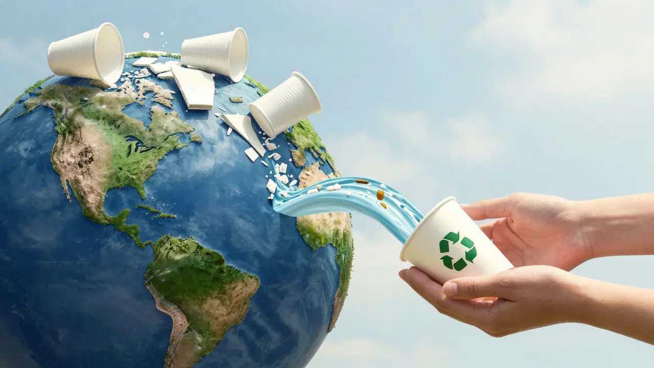 Tierra con río de vasos desechables: unos se rompen en microplásticos, otros se reciclan con símbolo #5.