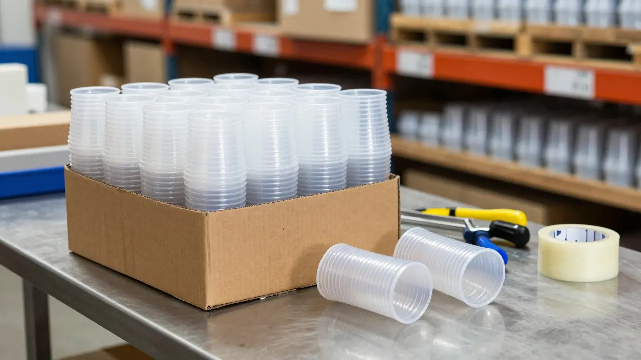 Trabajador desempaquetando vasos de plástico duro en almacén de hostelería.