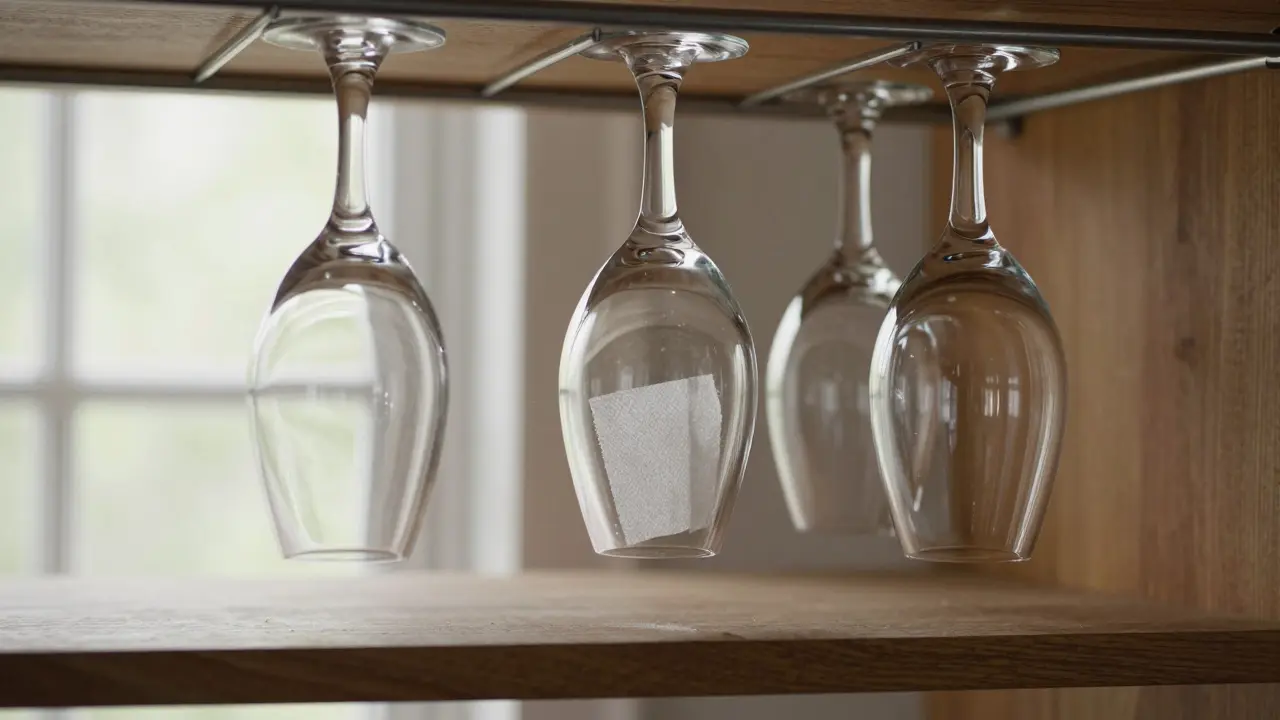 Tres copas de cristal colgadas boca abajo en soporte de acero inoxidable, con papel absorbente dentro de una para eliminar olores.