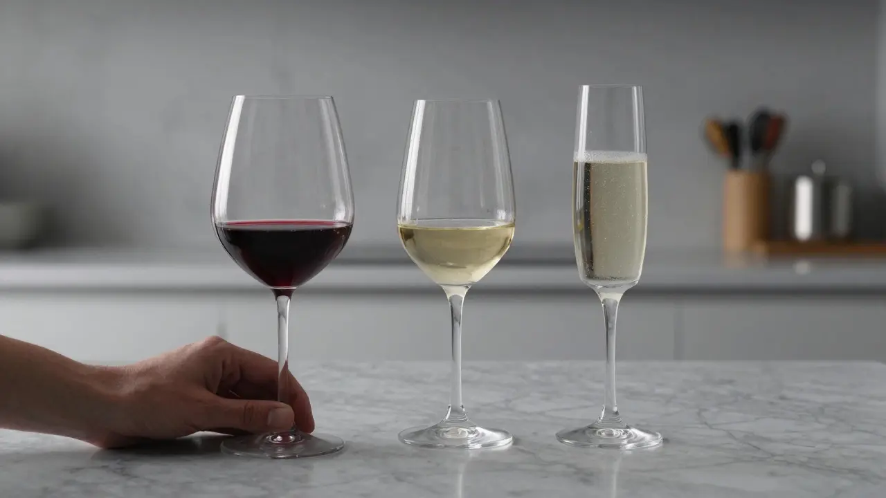 Tres copas de vino distintas en mostrador de mármol: para tinto, blanco y espumoso.