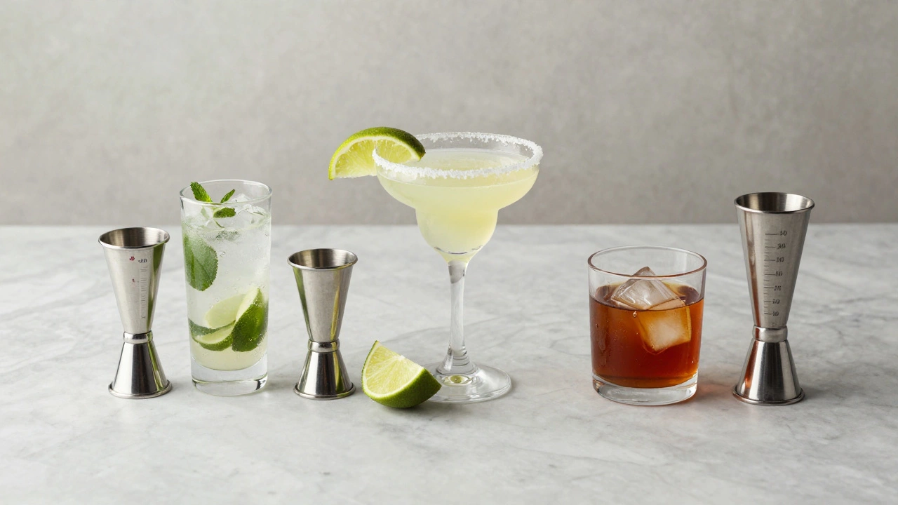 Tres tipos de jiggers junto a cócteles clásicos españoles sobre mármol.