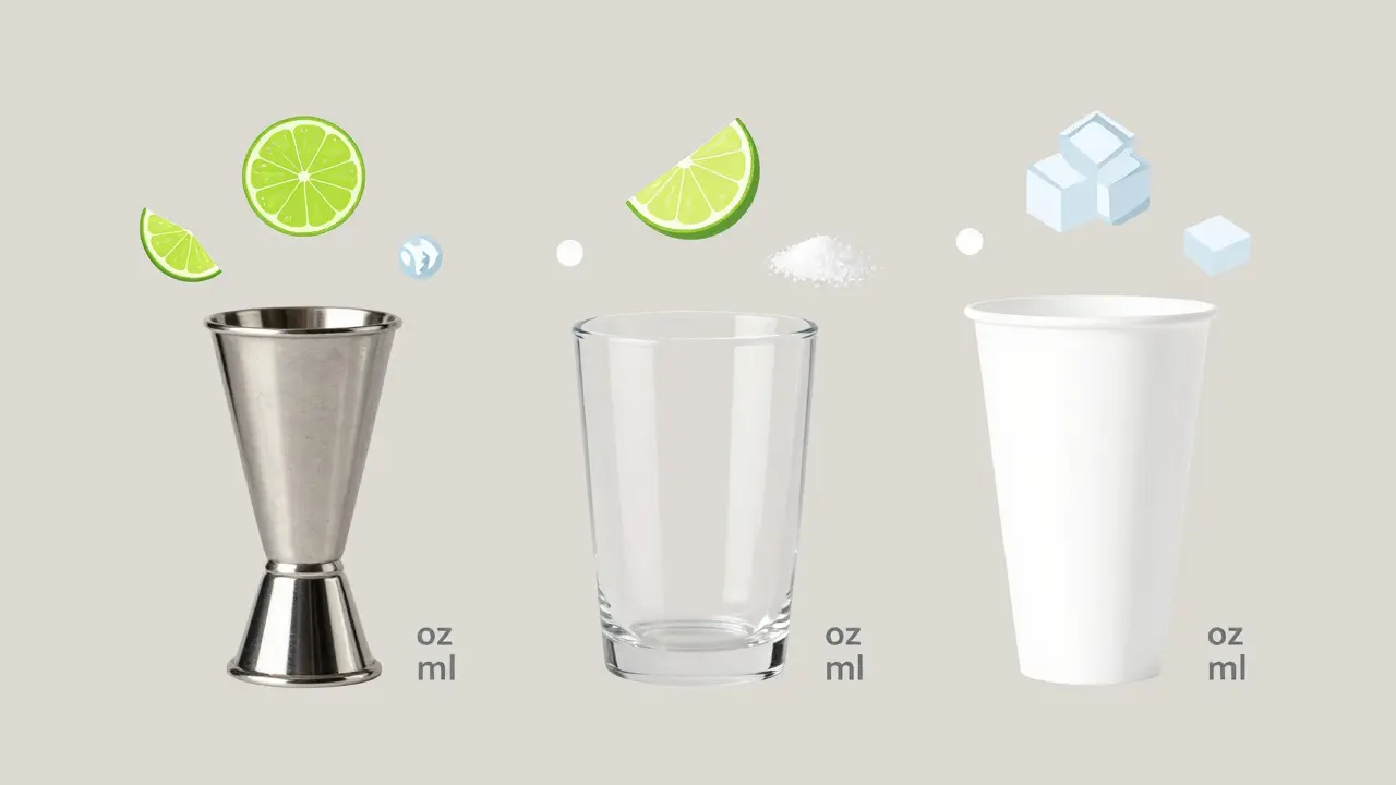Tres tipos de vasos medidores con medidas etiquetadas y símbolos de ingredientes de cócteles.