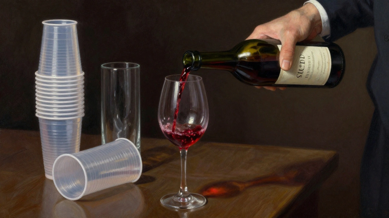 Un sumiller vierte vino tinto en una copa de tulipán mientras copas inadecuadas yacen descartadas detrás.