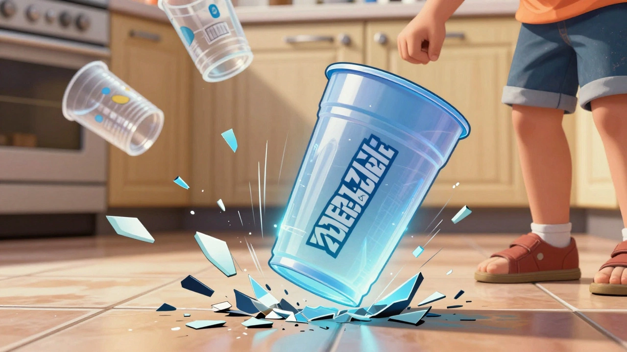 Un vaso de policarbonato rebotando tras caer, mientras otros se rompen alrededor en estilo cómic.