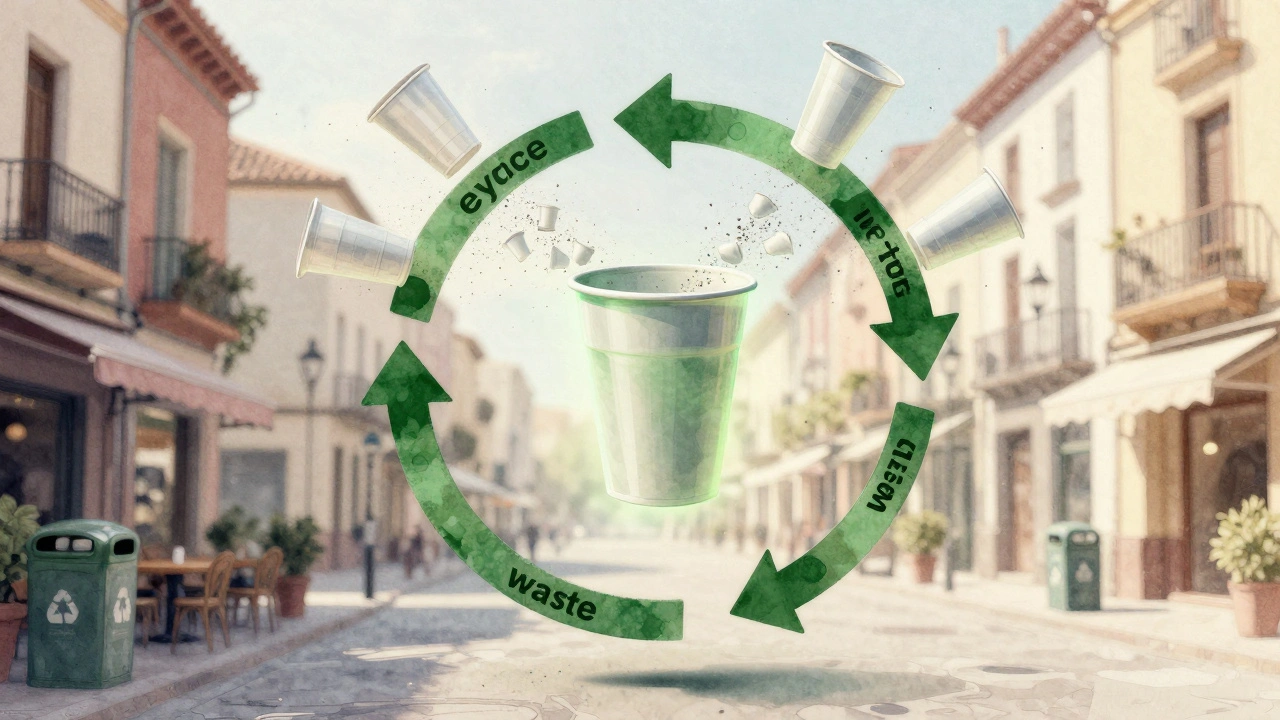 Un vaso resistente flotando en un ciclo ecológico, mientras cientos de vasos desechables se desvanecen.