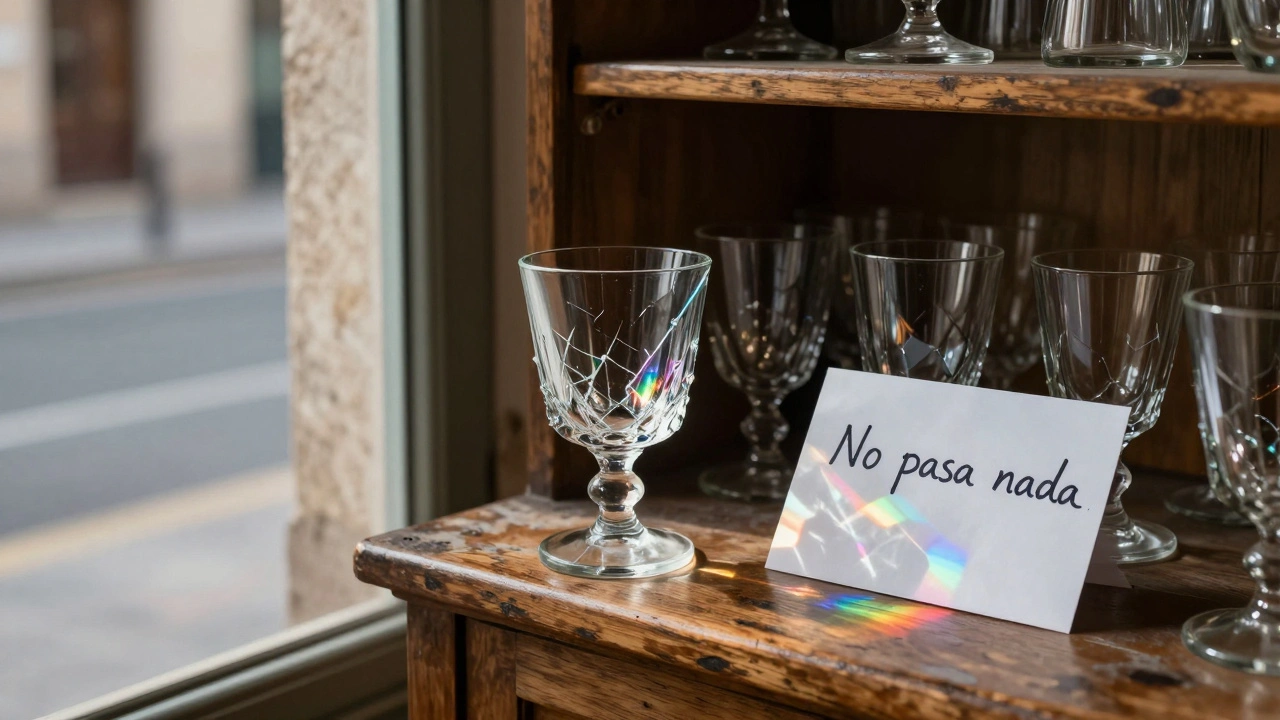 Una copa de cristal rota en una ventana, con rayos de sol atravesando las grietas y una nota escrita a mano al lado.