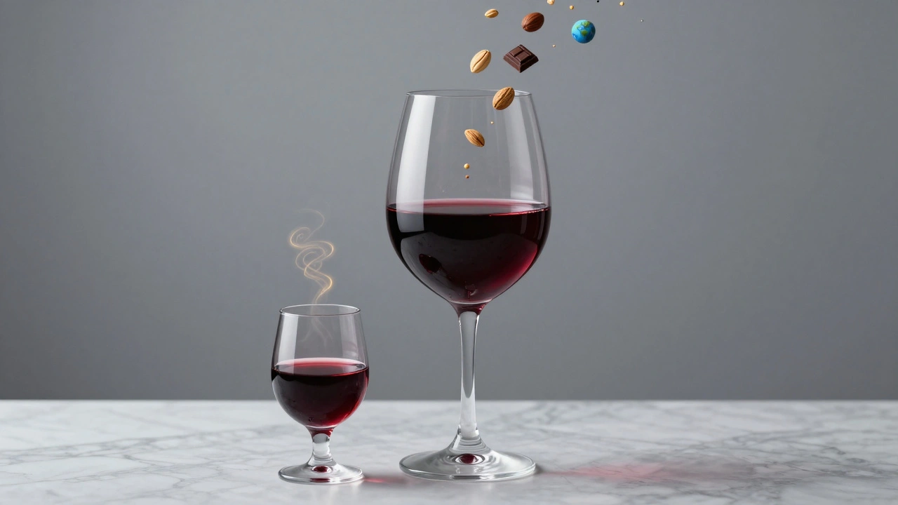 Una copa de vino sin forma pierde aromas en el aire, mientras una copa de cristal perfecta los conserva en espirales doradas.