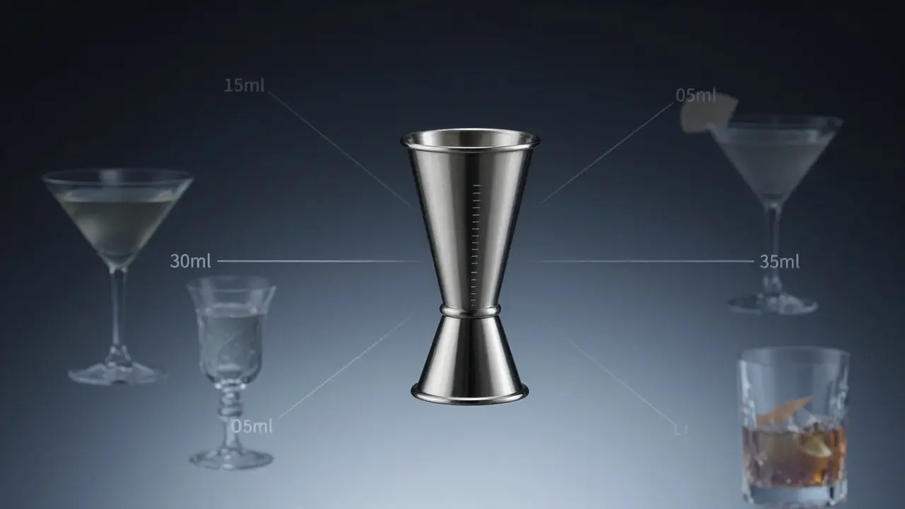 Vaso dosificador flotante con líneas de medida y siluetas de cócteles clásicos en fondo oscuro.