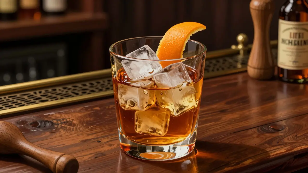 Vaso old fashioned con hielo y bourbon, acompañado de una cáscara de naranja.