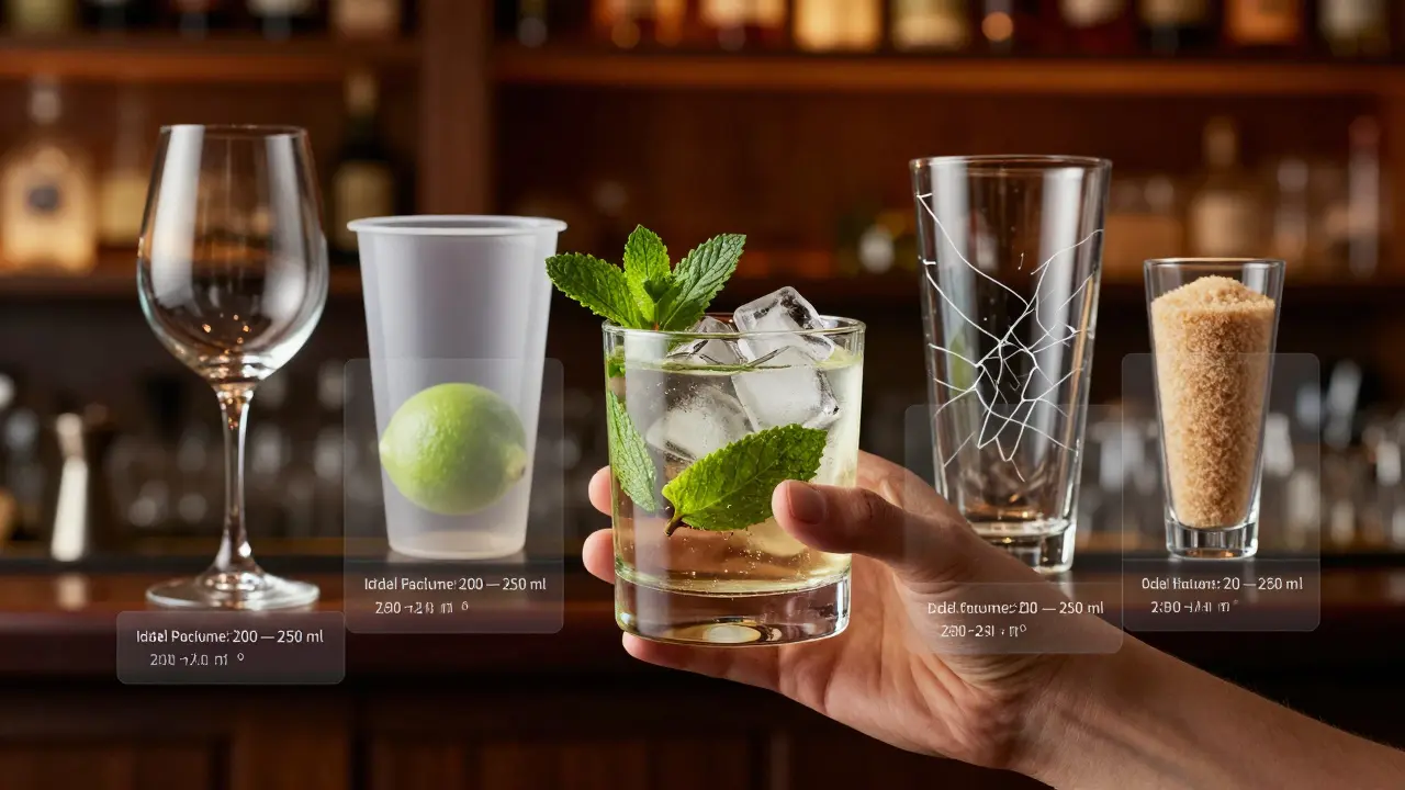 Vaso Old Fashioned con Mojito rodeado por superposiciones transparentes que muestran las proporciones ideales y vasos incorrectos desvaneciéndose.