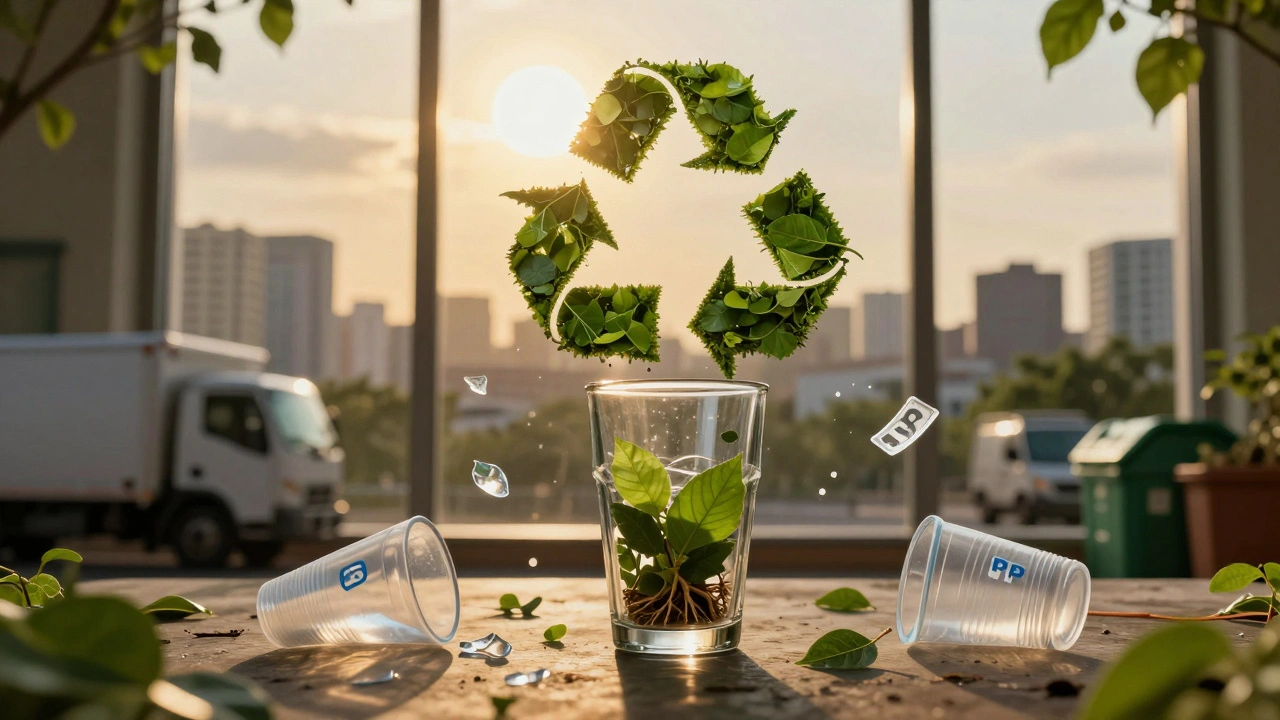 Vaso reutilizable de vidrio rodeado por fragmentos de plástico que se convierten en hojas y raíces, bajo un sol cálido.