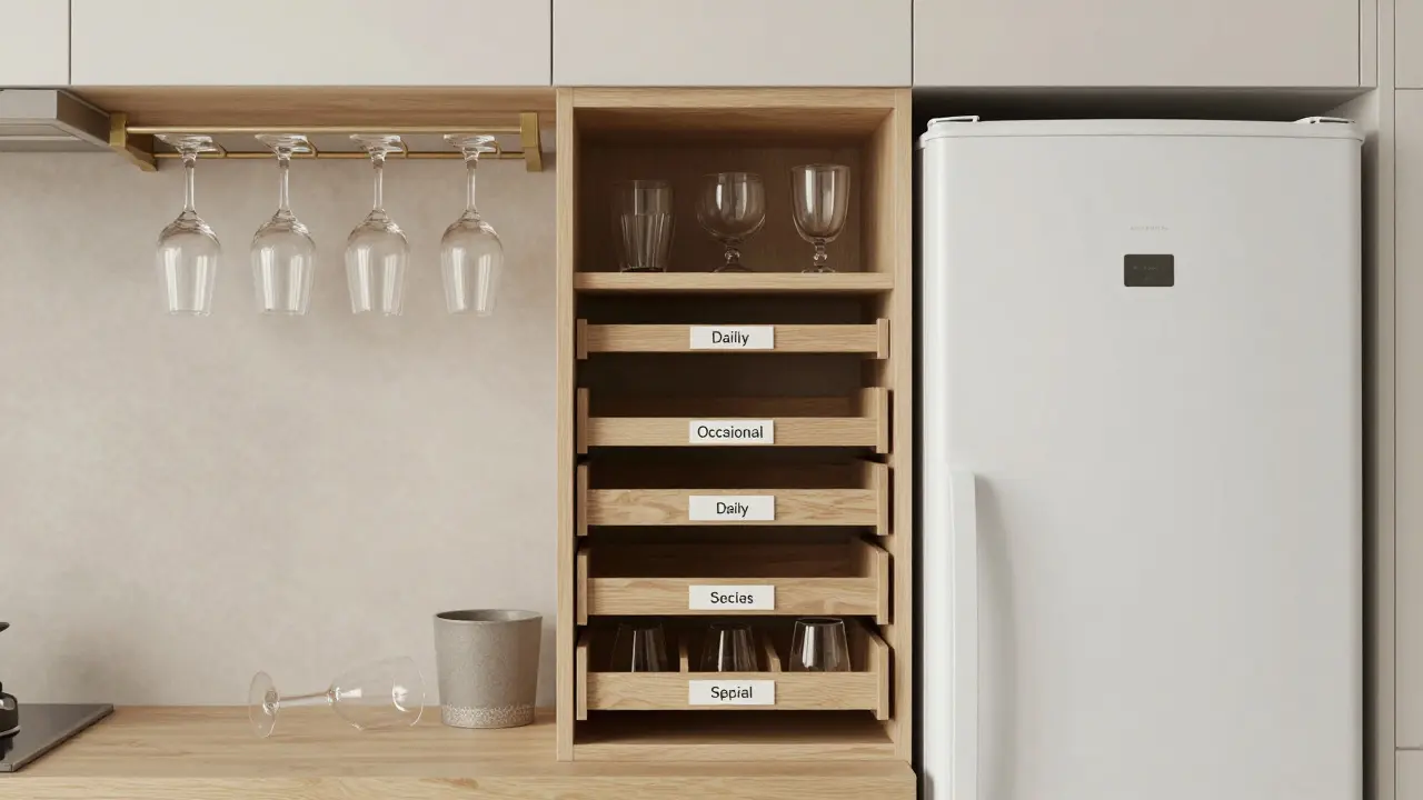 Almacenamiento vertical en cocina minimalista: vasos colgados boca abajo, cajones con divisores y solo tres vasos expuestos.