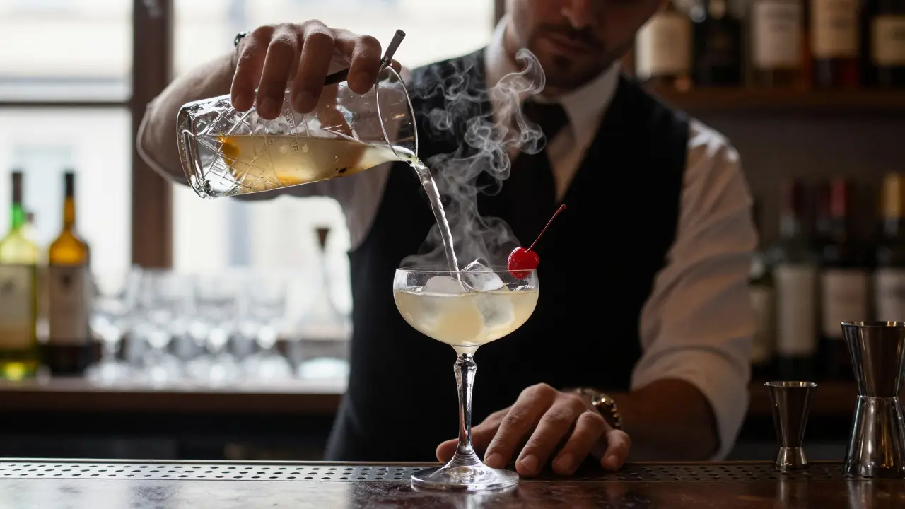 Bartender sirviendo cóctel en copa cupé de 200 ml con hielo, junto a copa tulipán.