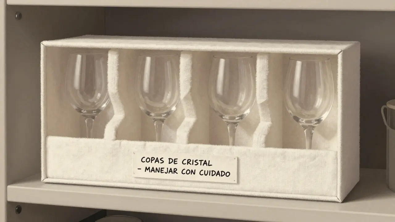 Caja de cartón forrada con tela de algodón, conteniendo copas de cristal envueltas en papel de seda y separadas por espuma.