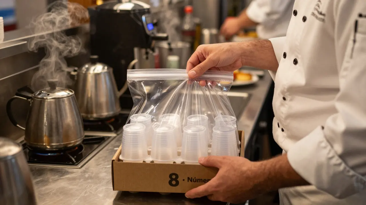 Chef abriendo una caja número 8 en una cocina de evento, mostrando paquetes sellados de vasos de plástico duro.