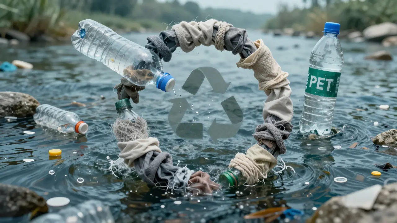 Ciclo circular de reciclaje PET: botella se convierte en ropa y nuevos envases, mientras microplásticos contaminan un río.