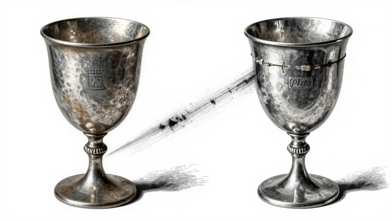 Comparación visual: copa de plata auténtica con imperfecciones artesanales frente a réplica moderna perfecta.