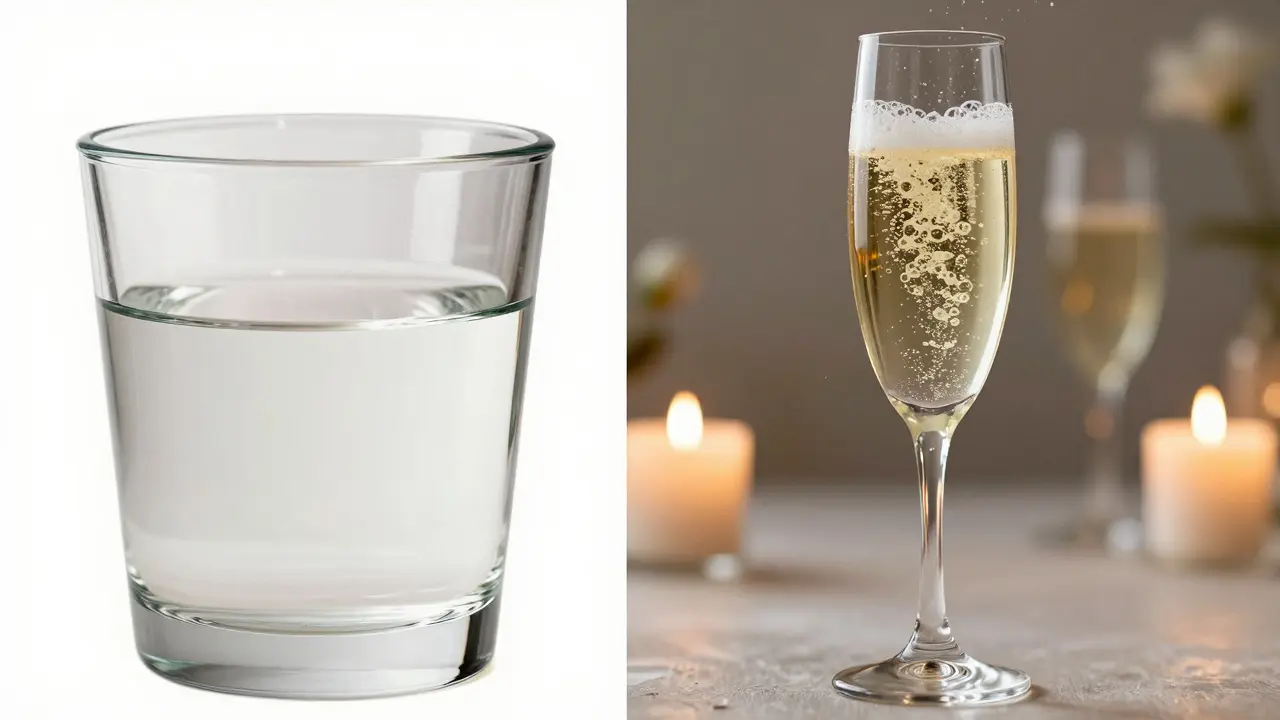 Comparación visual entre un vaso de vidrio común y una copa de cristal brillante con burbujas de champán.