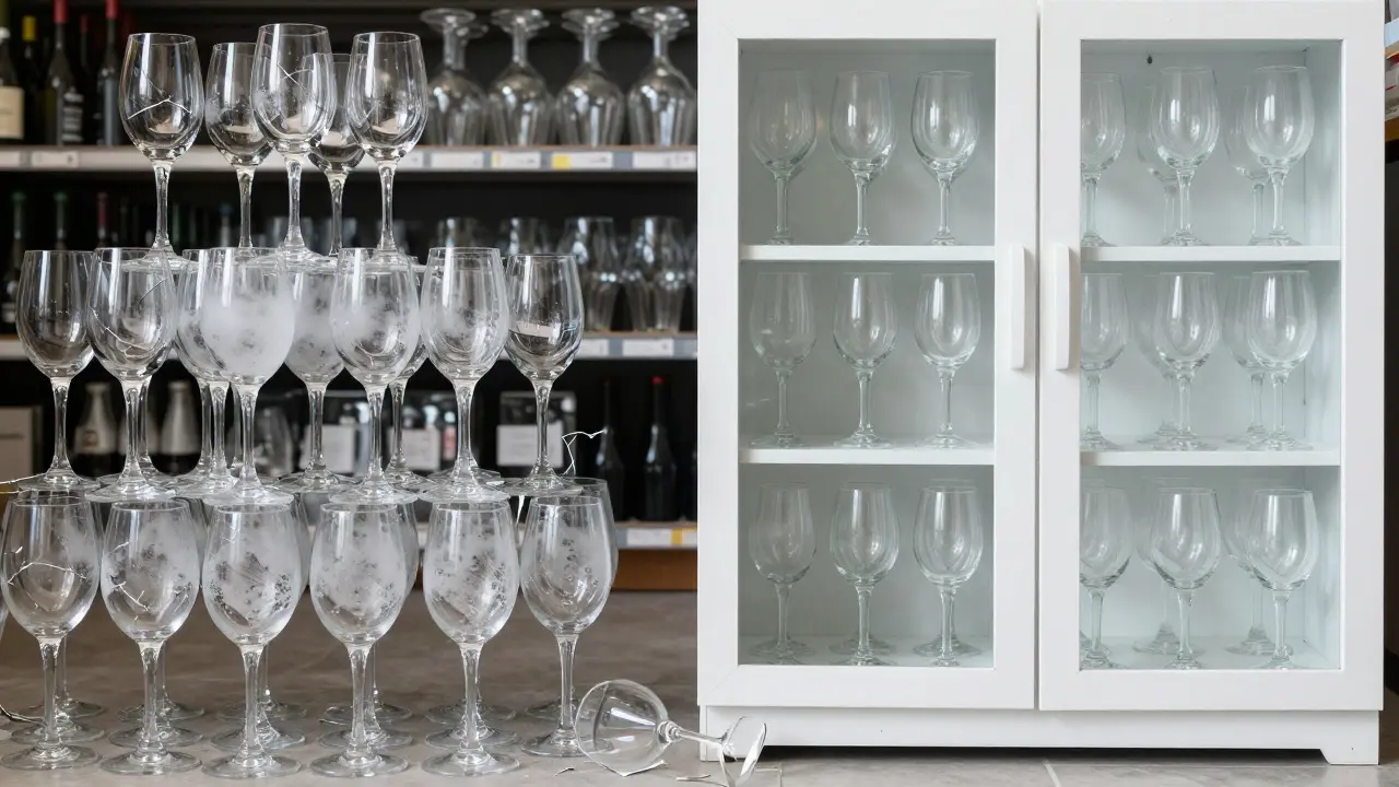 Contraste entre un armario desordenado con copas rotas y uno organizado, limpio y brillante, simbolizando el cuidado adecuado.