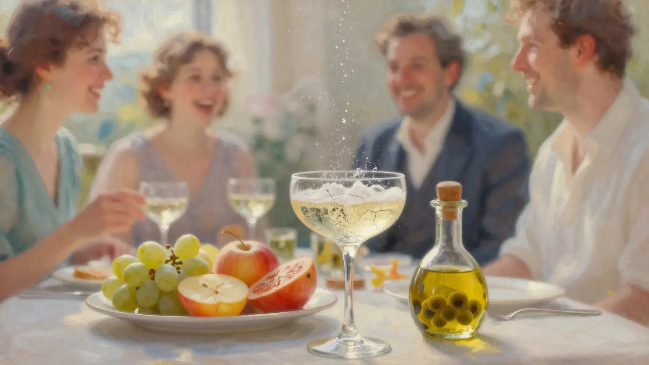 Copa cupé grande rebosando champán en fiesta, al lado de frutas y aceite de oliva reciclado.