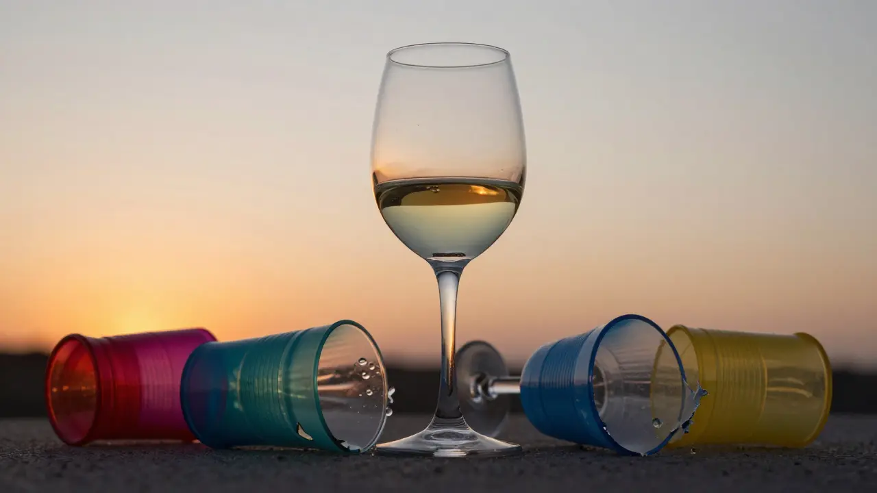 Copa de cristal reflejando un atardecer, mientras copas de plástico coloridas y distorsionadas yacen rotas al fondo.