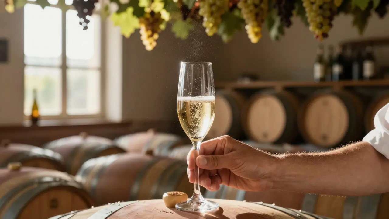 Copa en forma de tulipán con cava burbujeante, en una bodega española con barricas y luz natural.