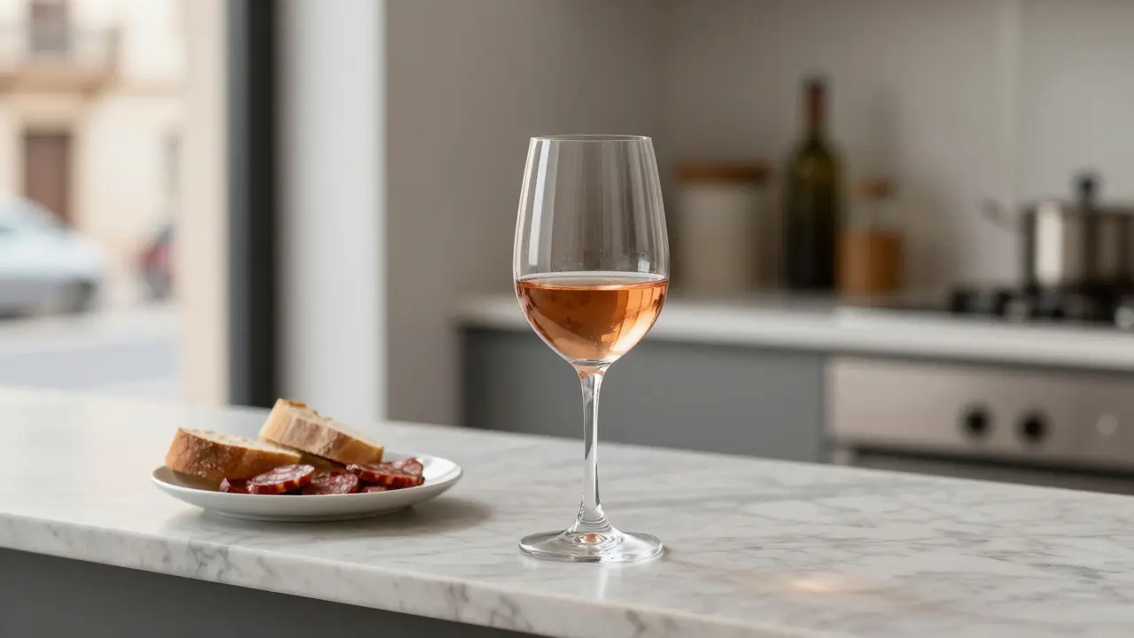 Copa universal de cristal fino con vino rosado, junto a chorizo y pan en una cocina española sencilla.