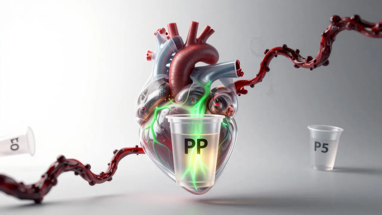 Corazón de plástico transparente con venas verdes conectadas a un vaso PP seguro, mientras sustancias tóxicas se desvanecen en humo.