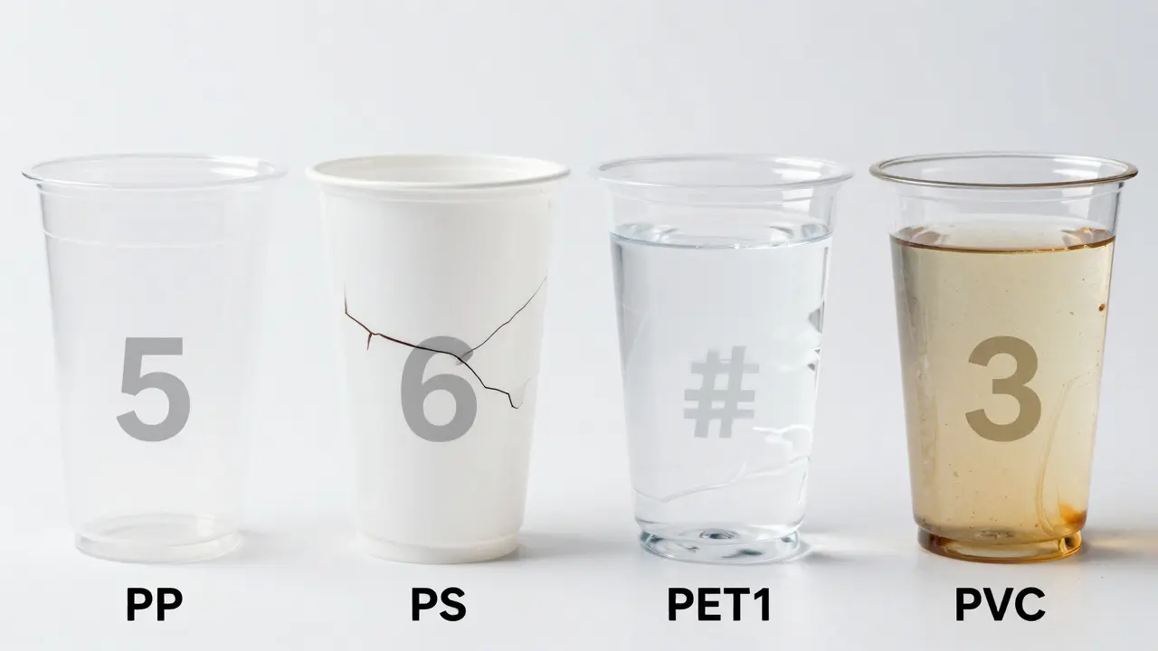 Cuatro vasos de plástico comparados: uno intacto con símbolo 5, otros deformados por calor o frío.