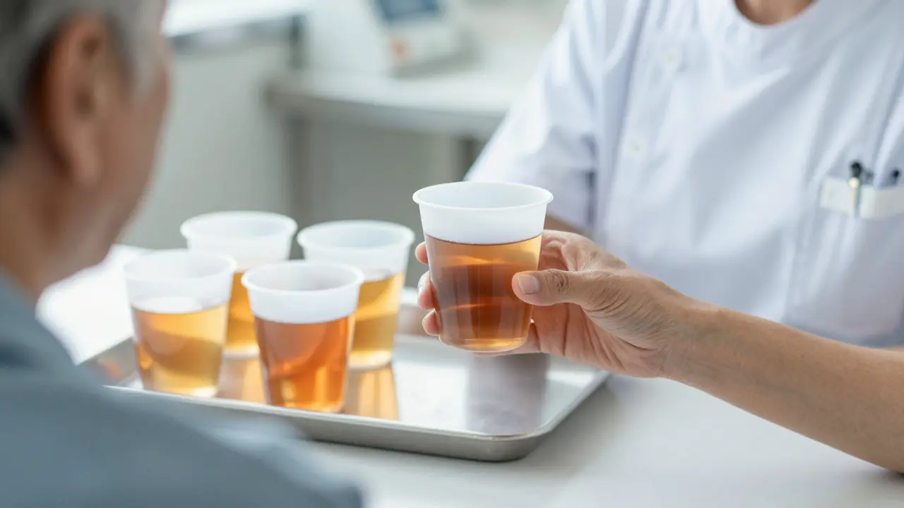 Enfermera entregando un vaso de polipropileno con té caliente a un paciente mayor en una cafetería hospitalaria.