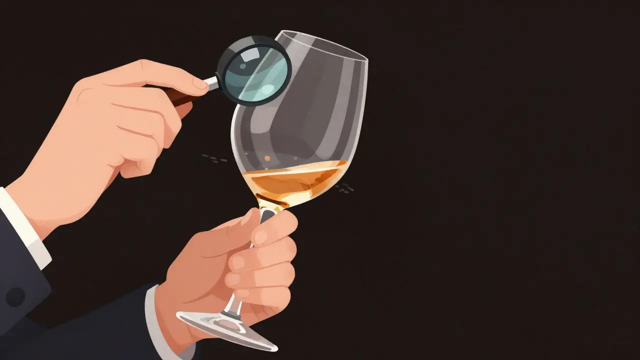 Enólogo observando el borde de una copa de vino transparente con una lupa, destacando los tonos de envejecimiento.