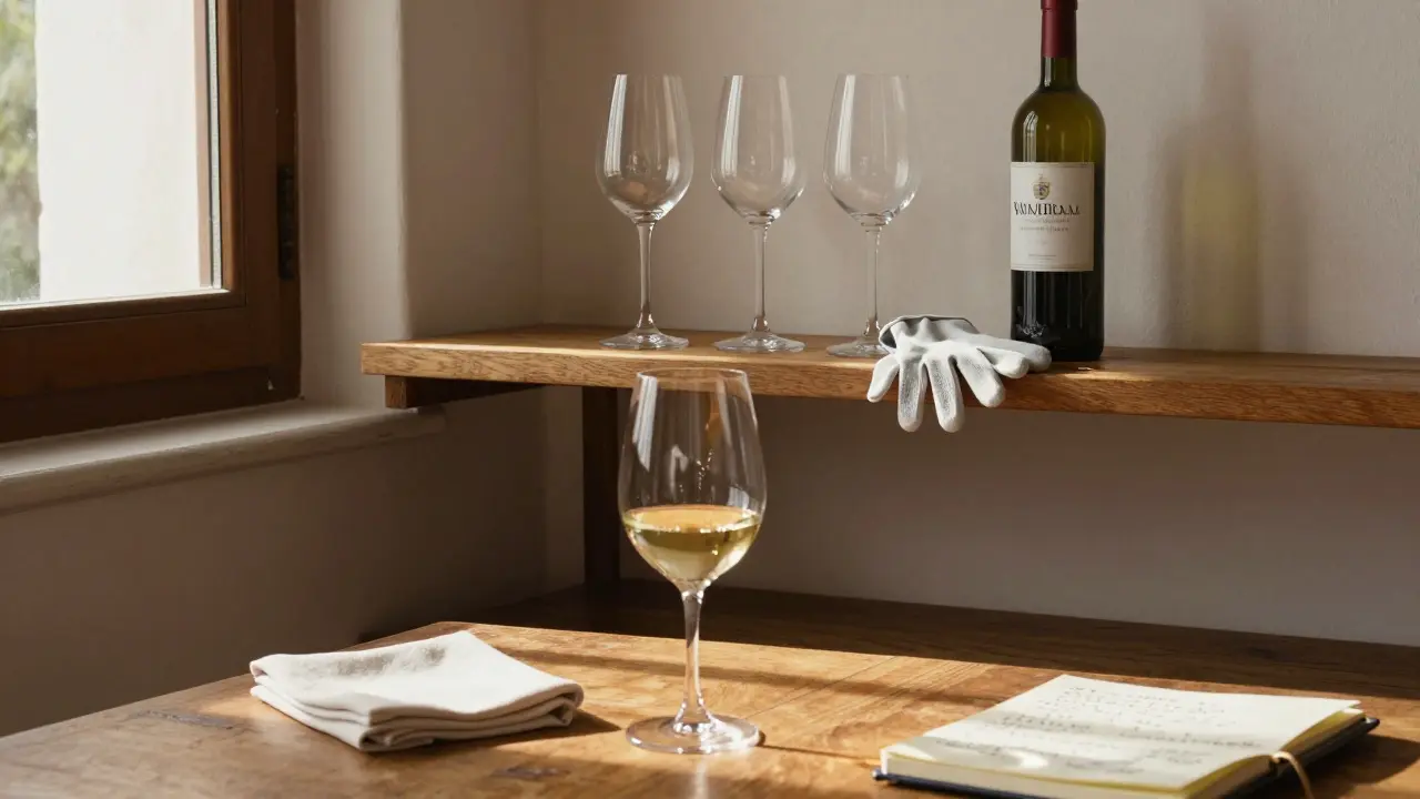 Estantería con copas Riedel y botella de Rioja en hogar español, luz natural y guantes de algodón al lado.