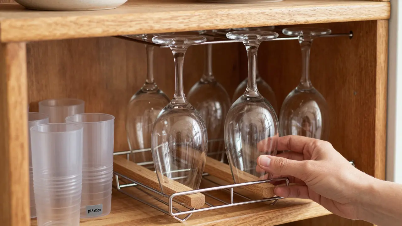 Estantería de madera con copas de vino invertidas y separadores de madera, luz suave resaltando el cristal limpio.