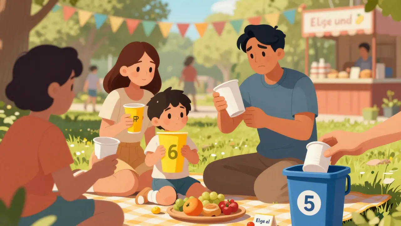 Familia en un parque español, un niño sostiene un vaso de plástico PP (código 5) mientras otros descartan vasos peligrosos.