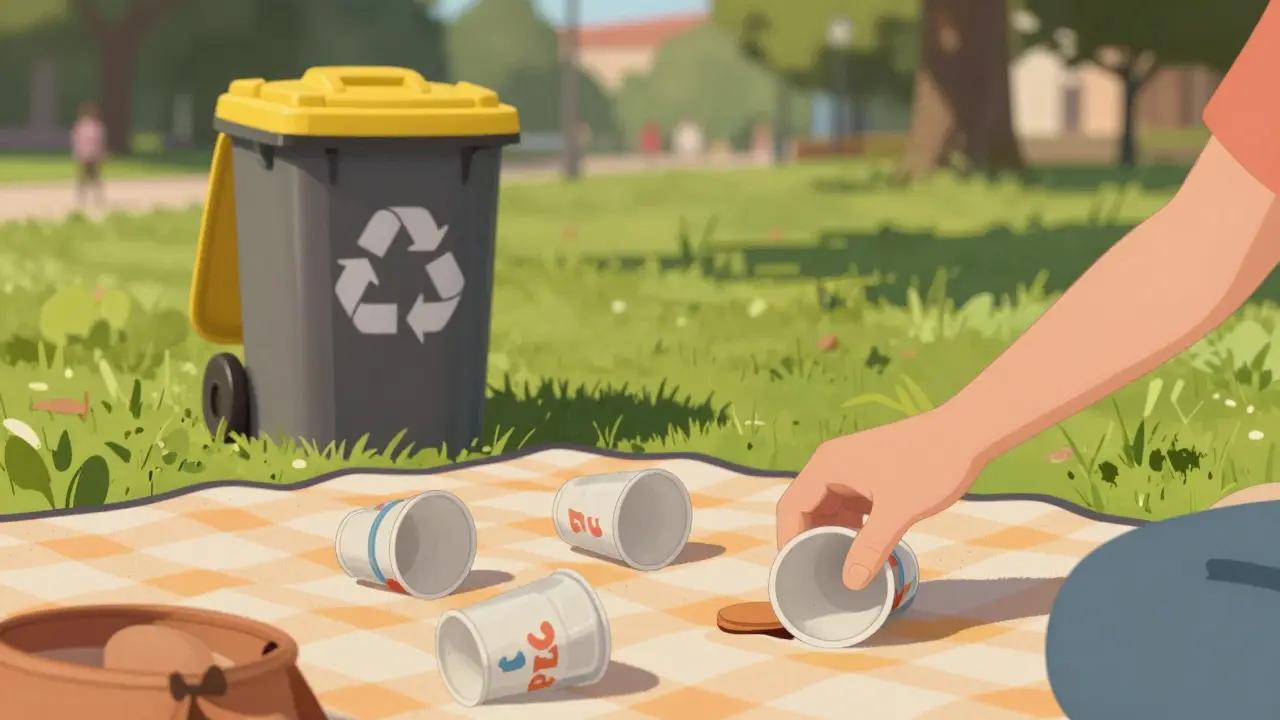 Familia en un picnic en León, aplastando un vaso PET antes de depositarlo en contenedor amarillo.