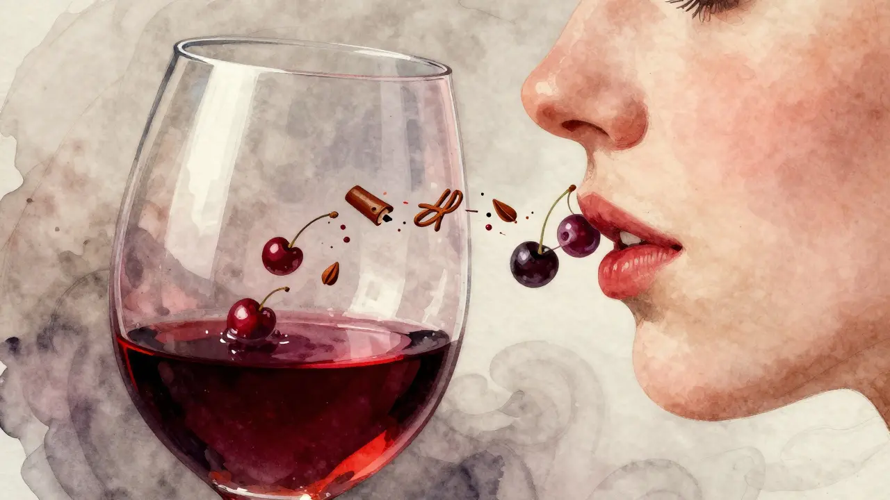 Ilustración de compuestos aromáticos subiendo desde una copa de vino tinto hacia una nariz, con notas de cereza y cuero en el aire.