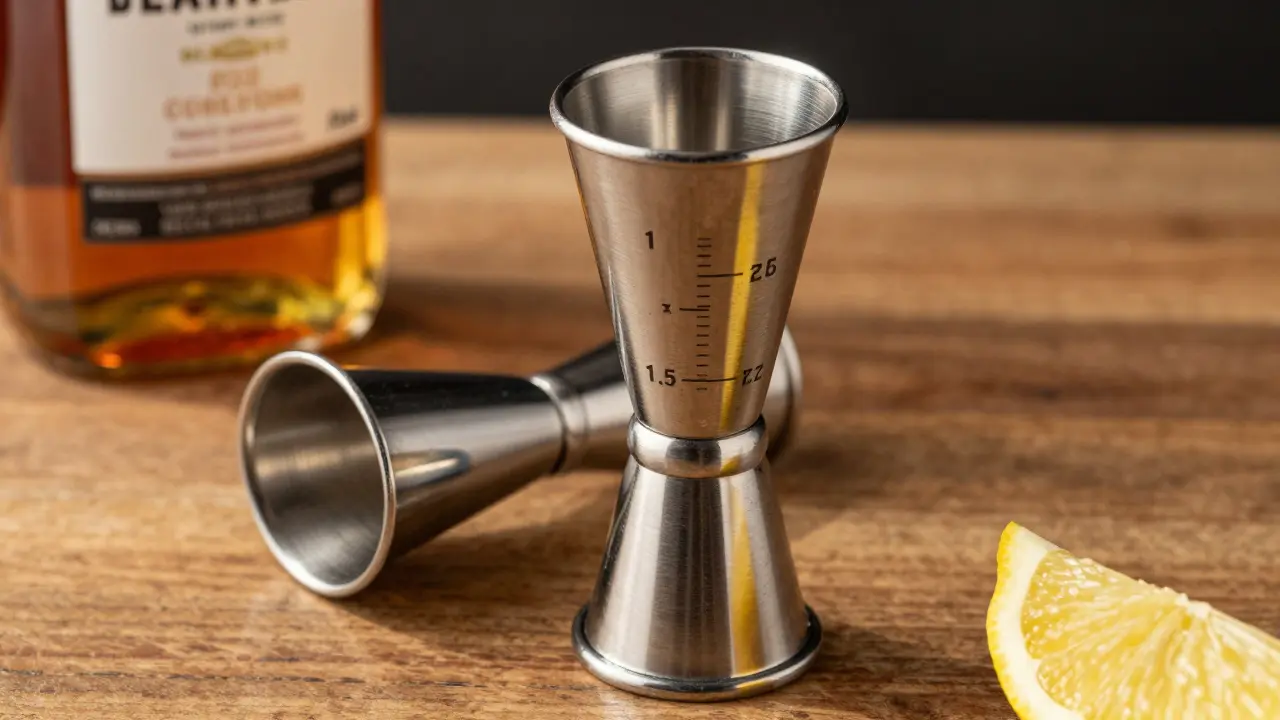 Jigger de metal con marcas de medida y una gota de licor colgando del borde.