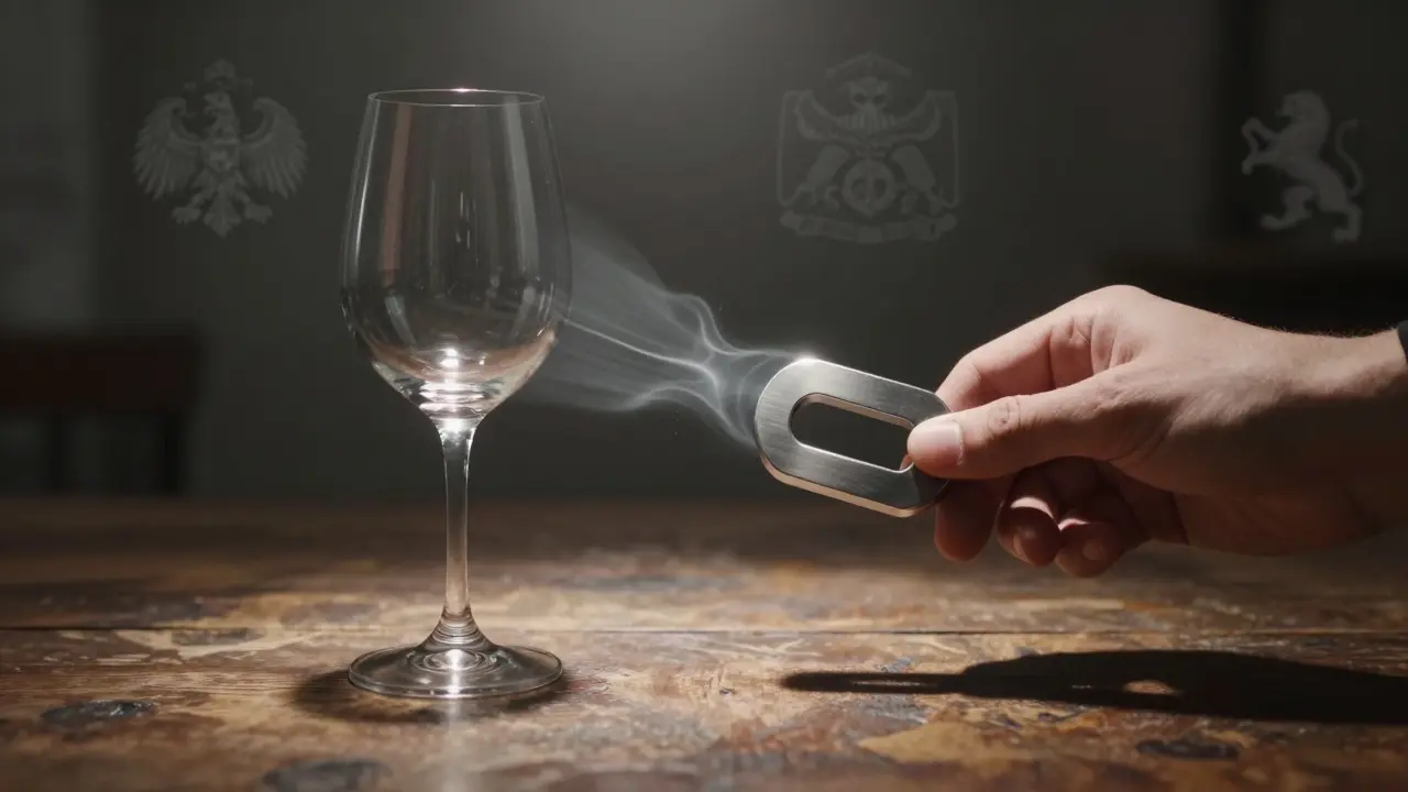 Mano con imán acercándose a una copa de vino, sin atracción magnética, señal de plata auténtica.