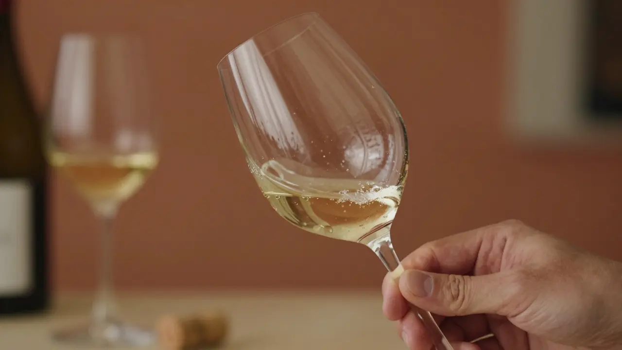 Mano girando vino en una copa de cristal fino, el líquido llega hasta el inicio del bulbo.