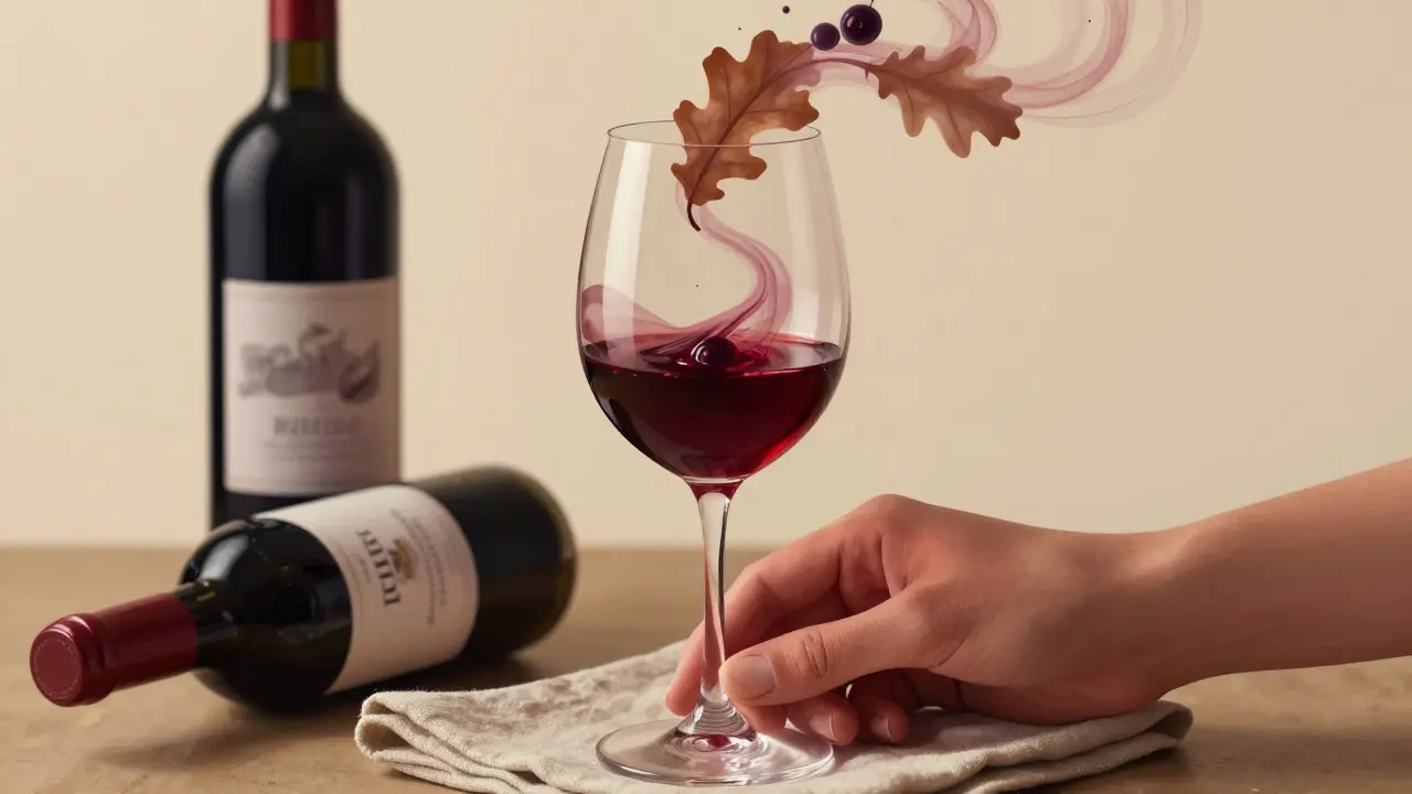 Mano girando vino tinto en una copa ancha, con aromas visibles en forma de bayas y hojas de roble.