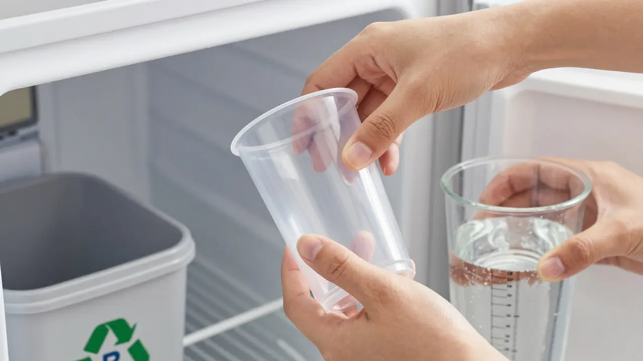 Mano presionando un vaso de plástico recién sacado del congelador, sin grietas, en entorno doméstico.