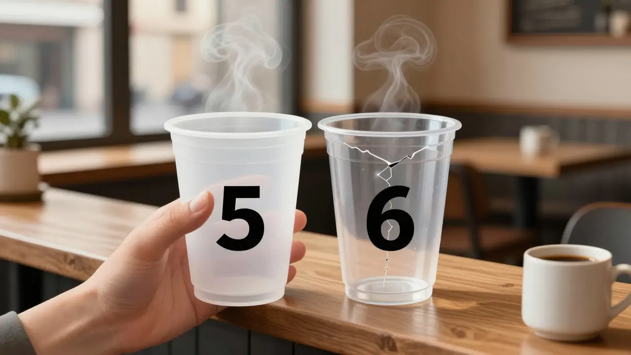 Mano sosteniendo dos vasos de plástico: uno seguro (número 5) y otro peligroso (número 6), en una cafetería española.