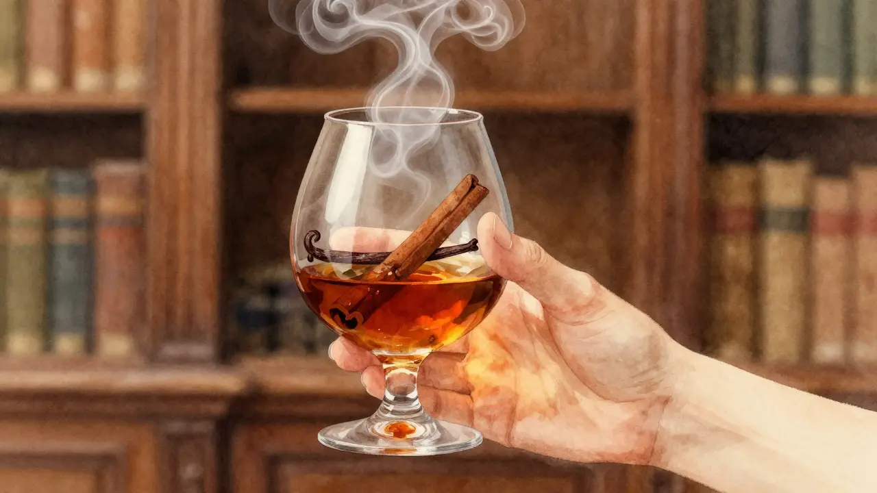 Mano sosteniendo un Snifter con aromas en forma de espirales que emergen del brandy.