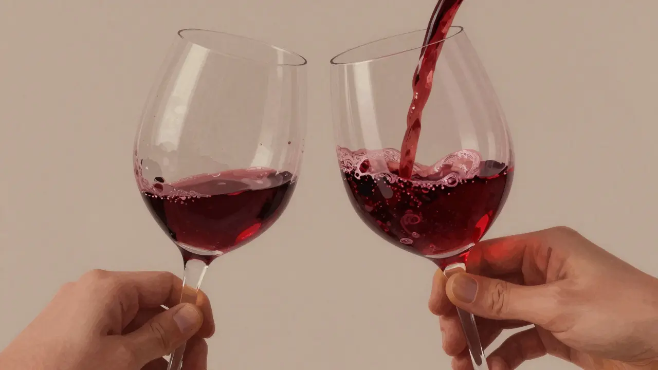 Mano sosteniendo una copa con borde finísimo mientras el vino fluye suavemente, junto a una copa barata dañada.