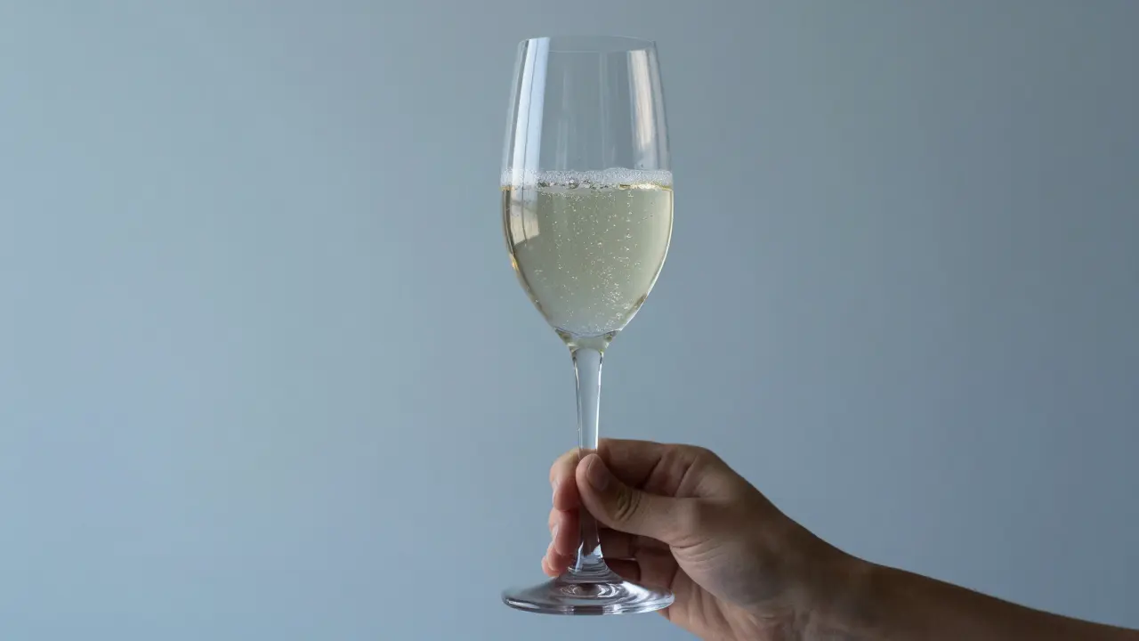 Mano sosteniendo una flauta de vino espumoso por el vástago, con burbujas ascendiendo en línea recta contra fondo azul.