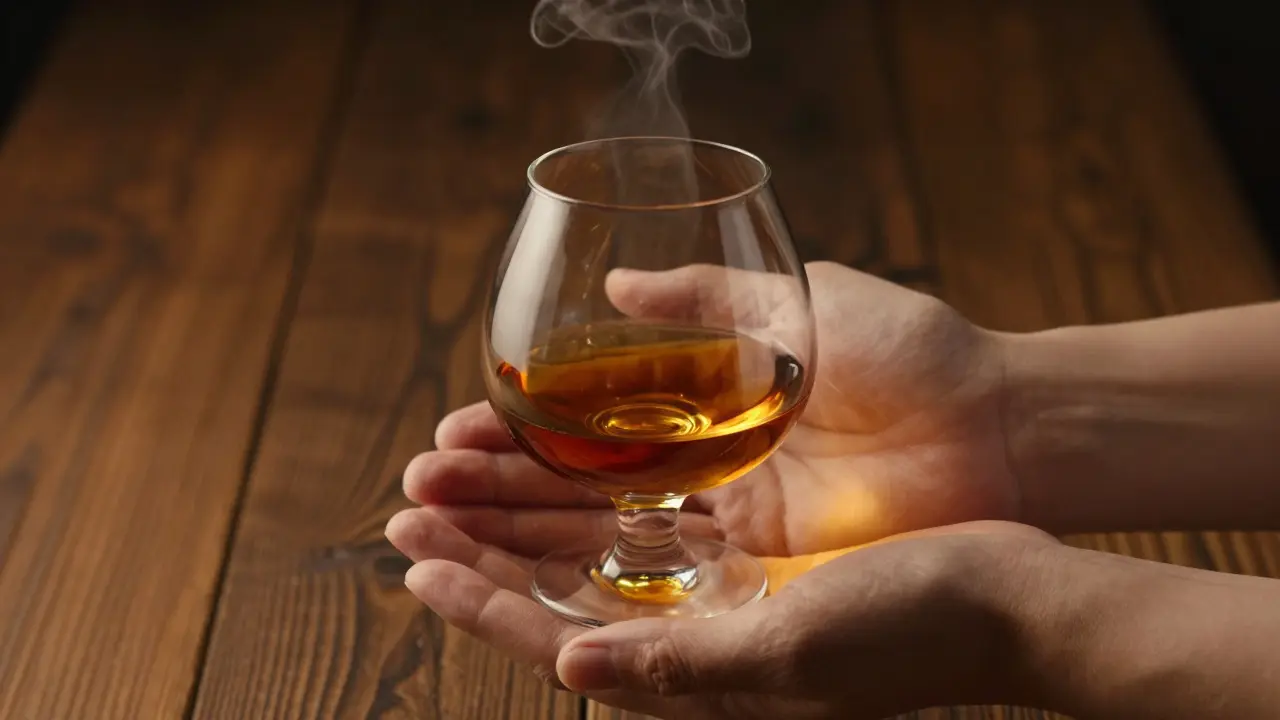 Manos sosteniendo una copa de coñac de cristal fino, con vapor suave ascendiendo del licor.