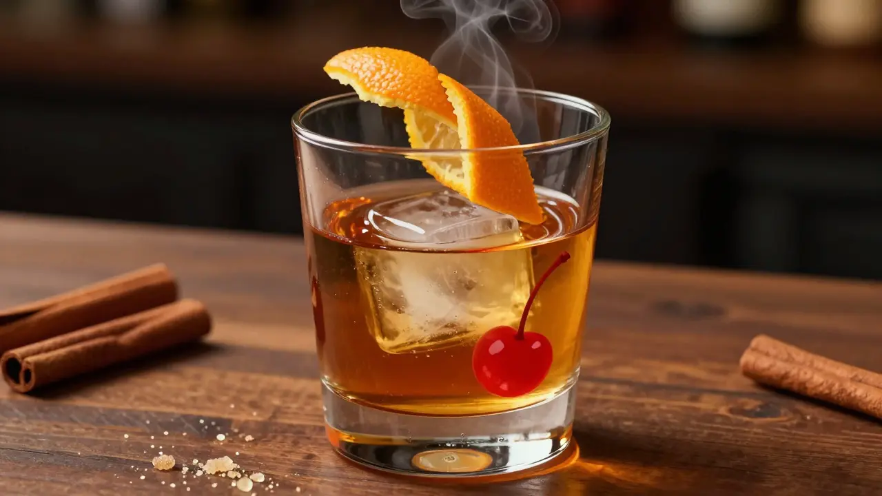 Old Fashioned cocktail in a rocks glass with large ice cube and orange twist, filled to just below the rim.