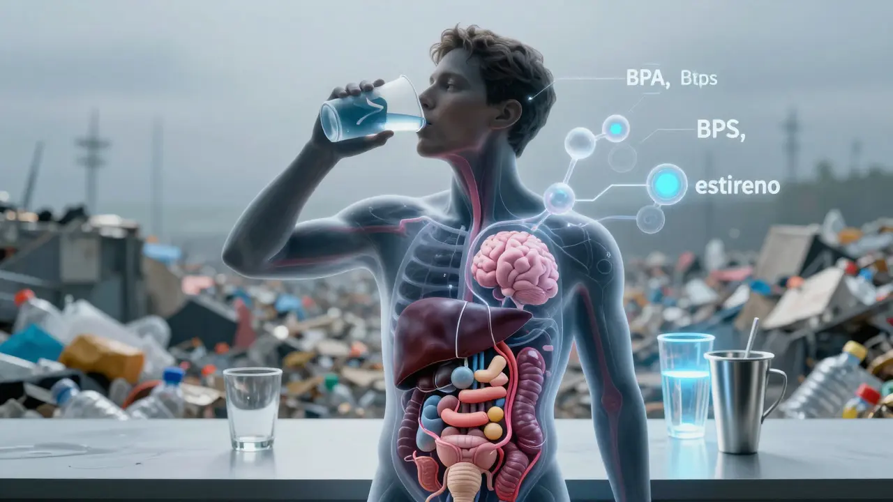 Silueta humana bebiendo de un vaso número 7 mientras químicos tóxicos penetran su cuerpo, con alternativas seguras al fondo.